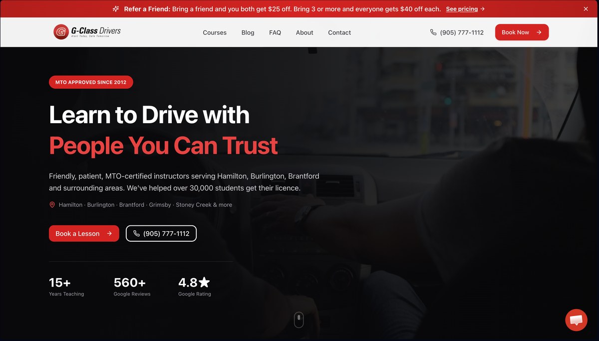The current live G-Class Drivers website homepage