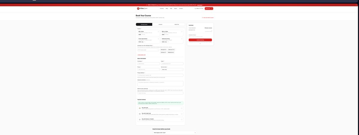 The current live G-Class Drivers booking page with course selection, scheduling, and payment in one flow
