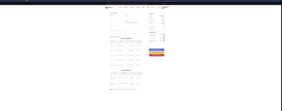 The old G-Class Drivers registration page with schedule tables and three payment options